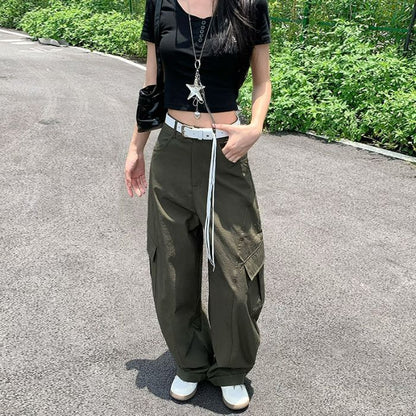 High Rise Plain Baggy Cargo Pants