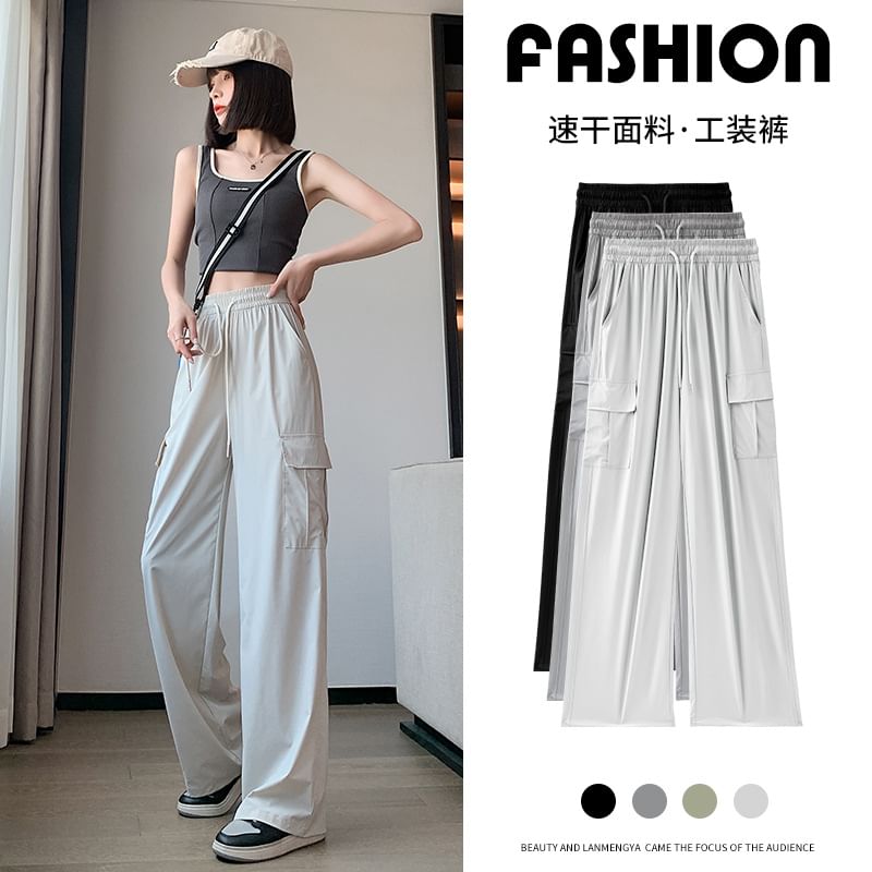 High Rise Plain Wide Leg Cargo Pants