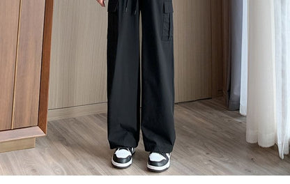 High Rise Plain Wide Leg Cargo Pants