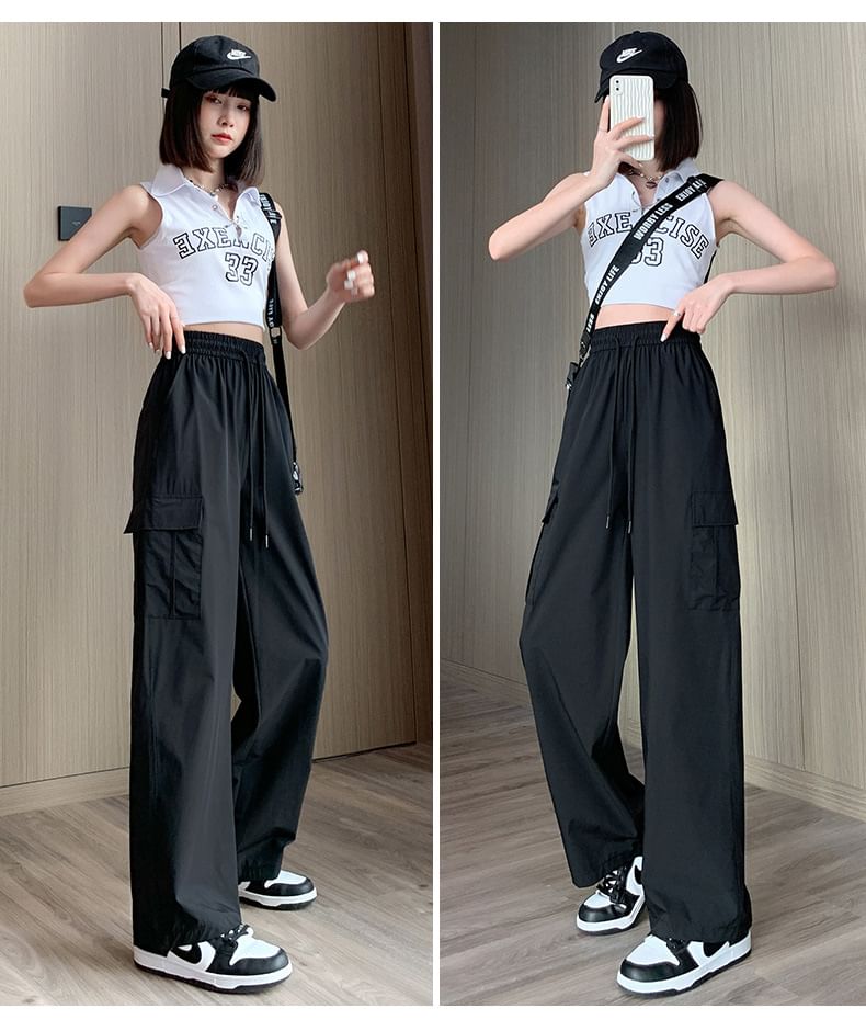 High Rise Plain Wide Leg Cargo Pants