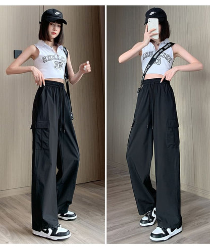 High Rise Plain Wide Leg Cargo Pants