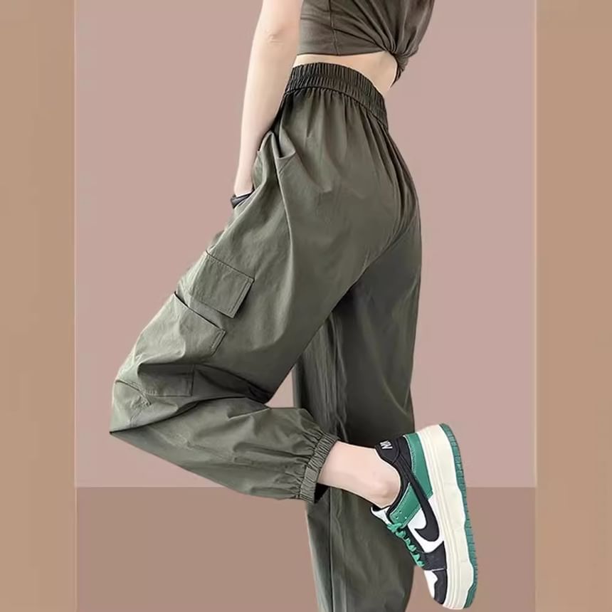 High Waist Plain Harem Cargo Pants