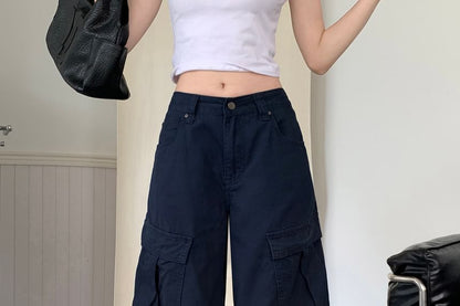 Mid Waist Plain Baggy Cargo Pants