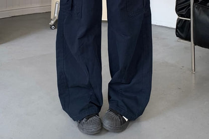 Mid Waist Plain Baggy Cargo Pants
