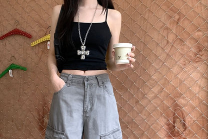 Mid Waist Plain Baggy Cargo Pants
