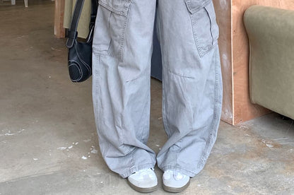 Mid Waist Plain Baggy Cargo Pants