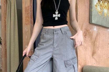 Mid Waist Plain Baggy Cargo Pants
