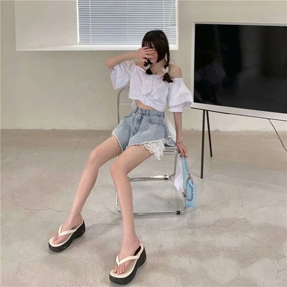High Waist Washed Fray Panel Lace Denim Shorts