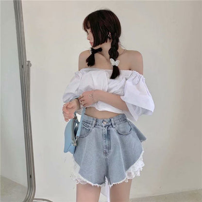 High Waist Washed Fray Panel Lace Denim Shorts