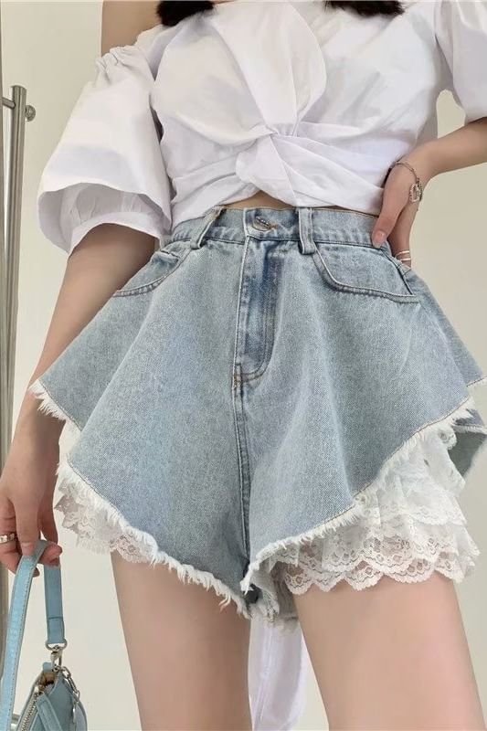 High Waist Washed Fray Panel Lace Denim Shorts