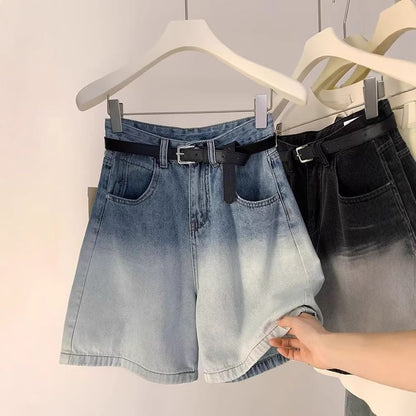 High Waist Gradient Washed Denim Shorts