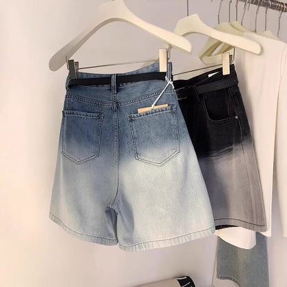 High Waist Gradient Washed Denim Shorts