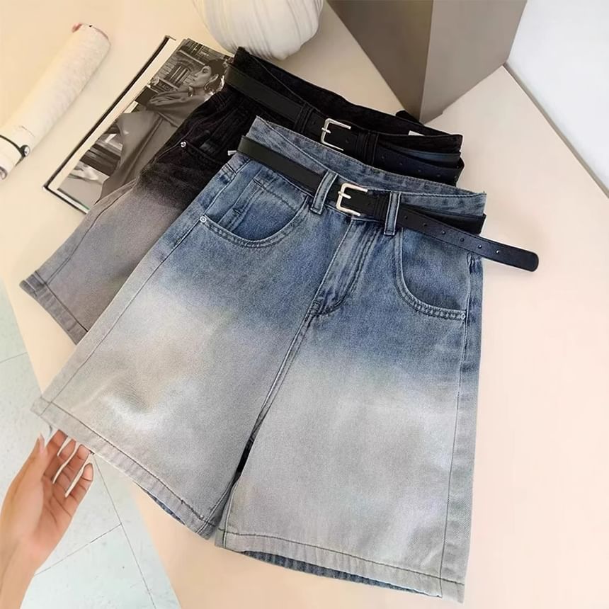 High Waist Gradient Washed Denim Shorts