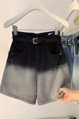 High Waist Gradient Washed Denim Shorts