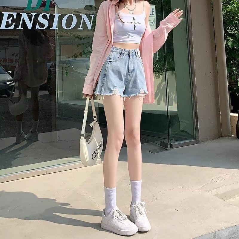 High Waist Washed Distressed Denim Shorts