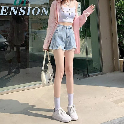 High Waist Washed Distressed Denim Shorts