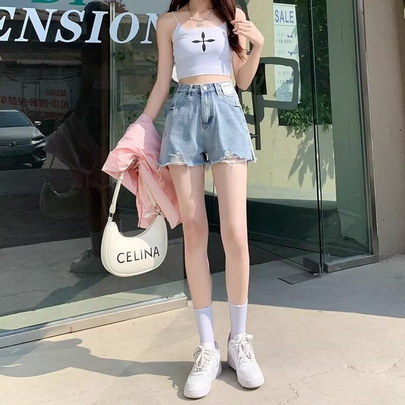 High Waist Washed Distressed Denim Shorts
