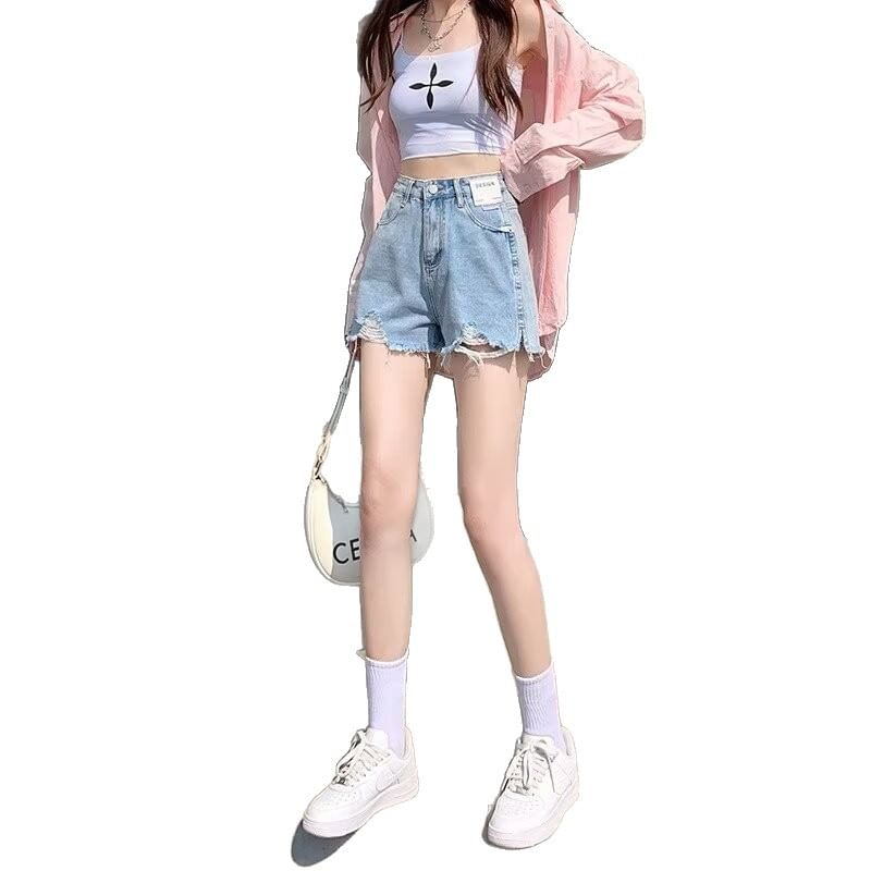 High Waist Washed Distressed Denim Shorts