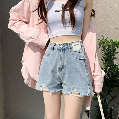High Waist Washed Distressed Denim Shorts