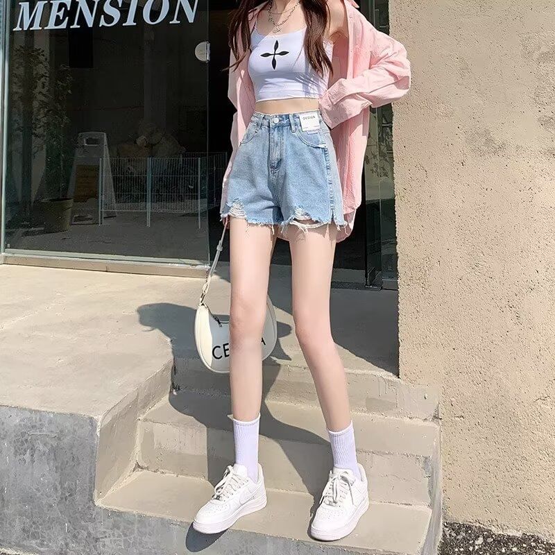 High Waist Washed Distressed Denim Shorts