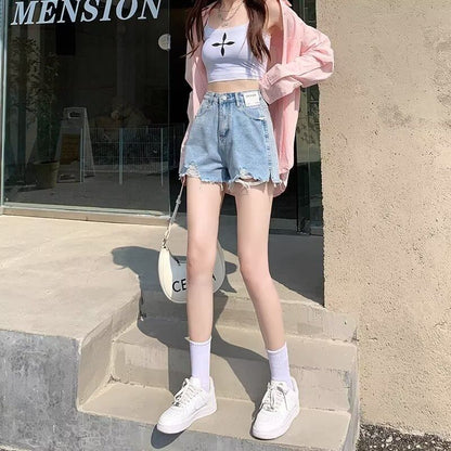 High Waist Washed Distressed Denim Shorts