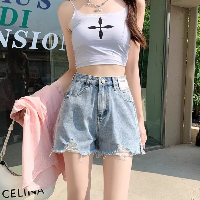 High Waist Washed Distressed Denim Shorts