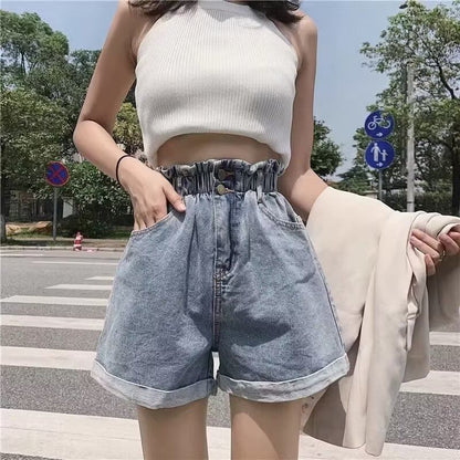High Waist Roll Up Denim Shorts