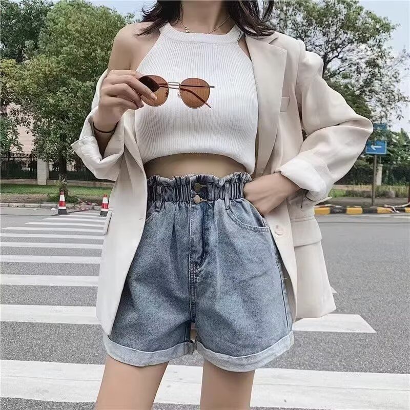 High Waist Roll Up Denim Shorts