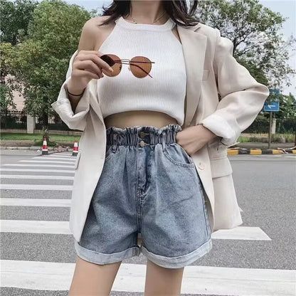 High Waist Roll Up Denim Shorts