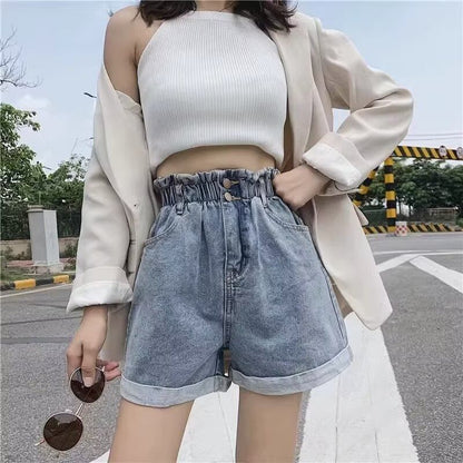 High Waist Roll Up Denim Shorts