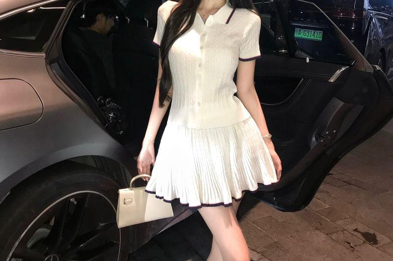 Short-Sleeve Contrast Trim Knit Top & Mini A-Line Skirt Set