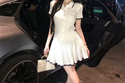 Short-Sleeve Contrast Trim Knit Top & Mini A-Line Skirt Set