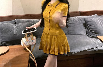 Short-Sleeve Contrast Trim Knit Top & Mini A-Line Skirt Set