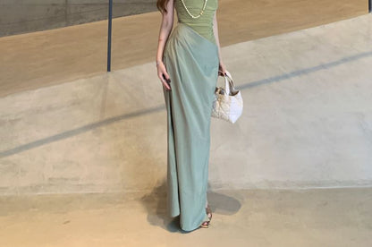 Asymmetrical Off-Shoulder Mesh Panel Slit Sheath - Altfashion Shop