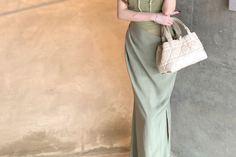 Asymmetrical Off-Shoulder Mesh Panel Slit Sheath - Altfashion Shop