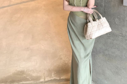 Asymmetrical Off-Shoulder Mesh Panel Slit Sheath - Altfashion Shop