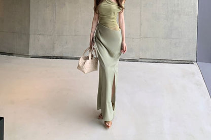 Asymmetrical Off-Shoulder Mesh Panel Slit Sheath - Altfashion Shop