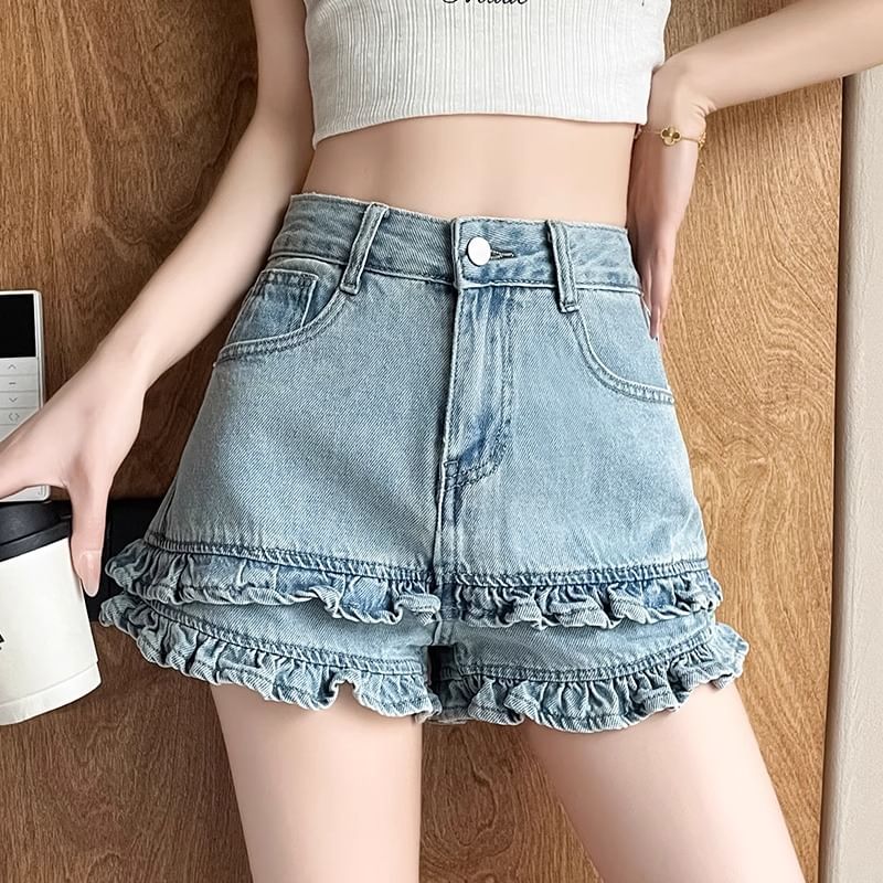 High Waist Frill Trim Denim Hot Pants
