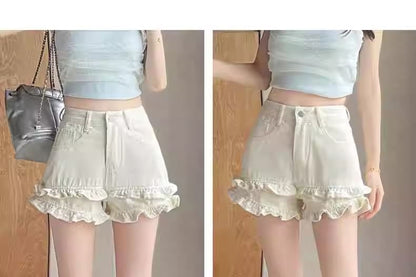 High Waist Frill Trim Denim Hot Pants