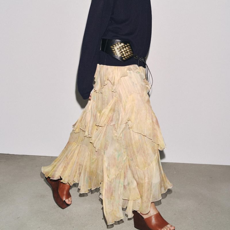 Tie-Dyed Ruffled Asymmetrical Midi Skirt