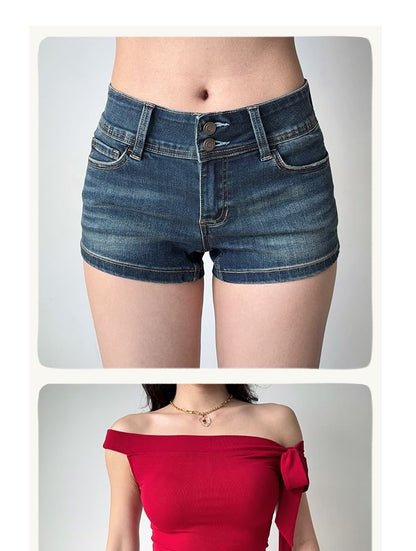 Mid Rise Washed Denim Shorts