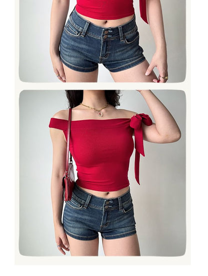 Mid Rise Washed Denim Shorts
