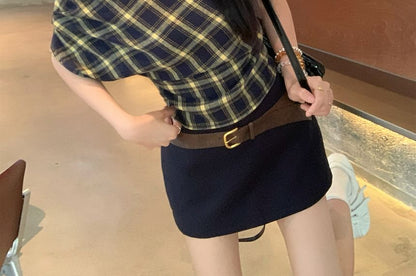 Plaid Crop Top & Belted Pencil Skirt