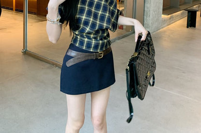 Plaid Crop Top & Belted Pencil Skirt