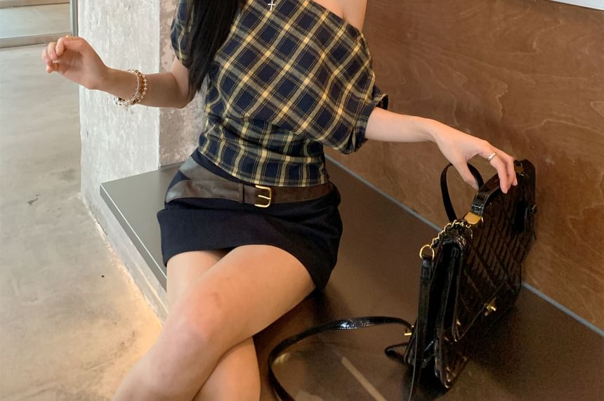 Plaid Crop Top & Belted Pencil Skirt