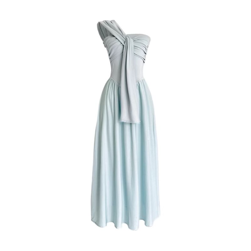 One Shoulder Ruched Panel Sleeveless Maxi Dress - Altfashion Shop