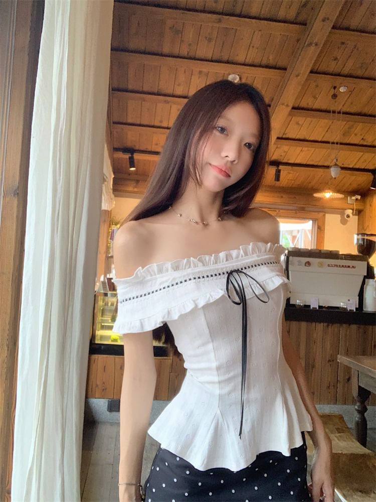 Off-Shoulder Ruffle Blouse and Dotted Mini Skirt
