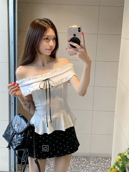 Off-Shoulder Ruffle Blouse and Dotted Mini Skirt