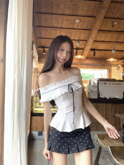 Off-Shoulder Ruffle Blouse and Dotted Mini Skirt