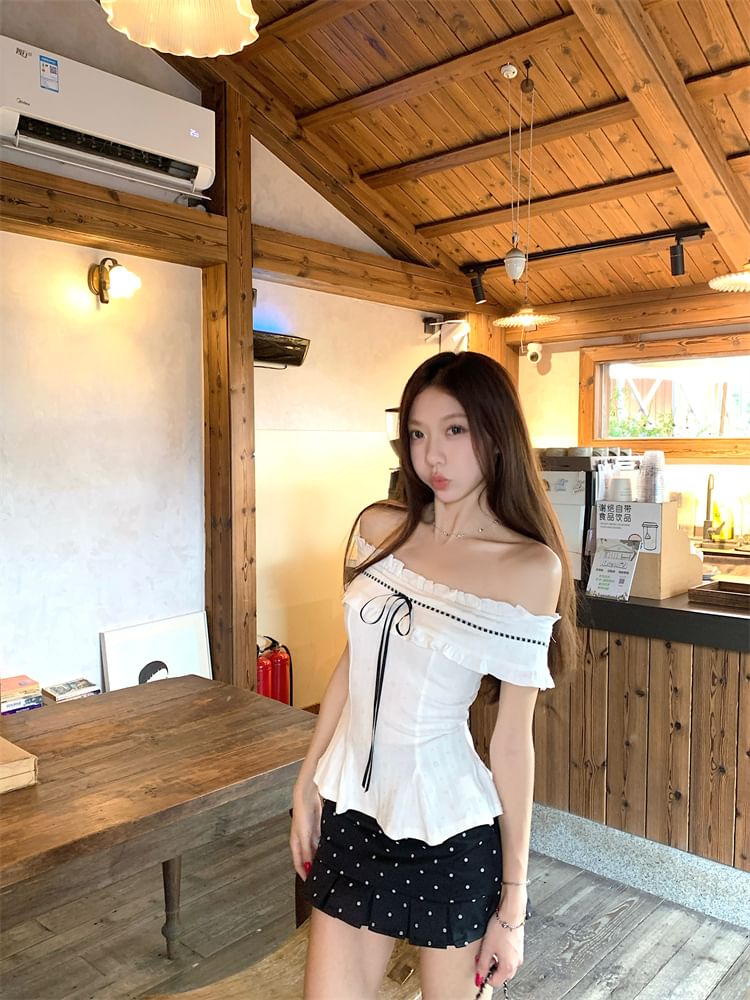 Off-Shoulder Ruffle Blouse and Dotted Mini Skirt